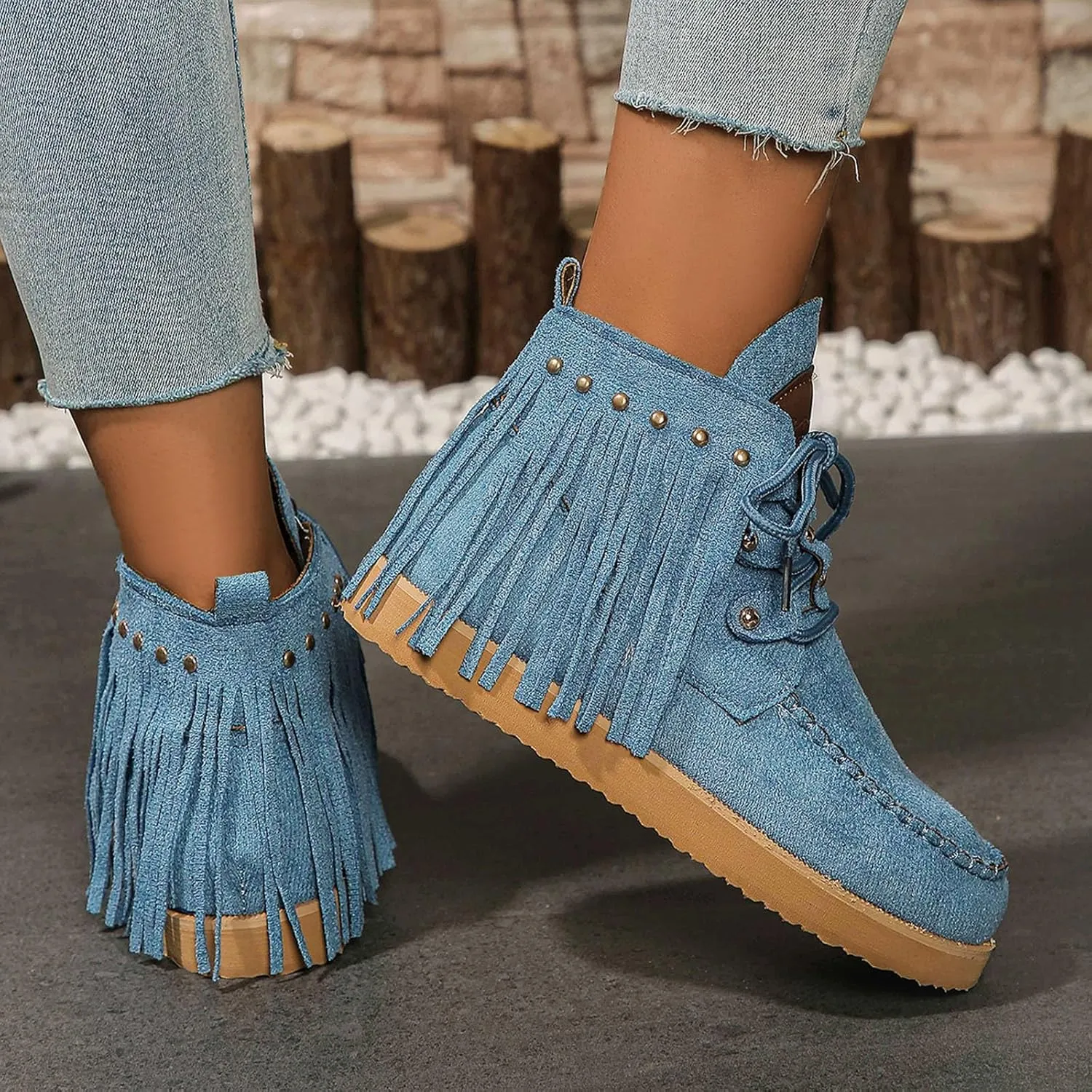Fringe Cowboy Boots for Women Lightweight Comfy Suede Boho Ankle Booties Slip On Dress Walking Shoes Bohemian Vintage Tassel Lace Up Wide Round Toe Short Boots