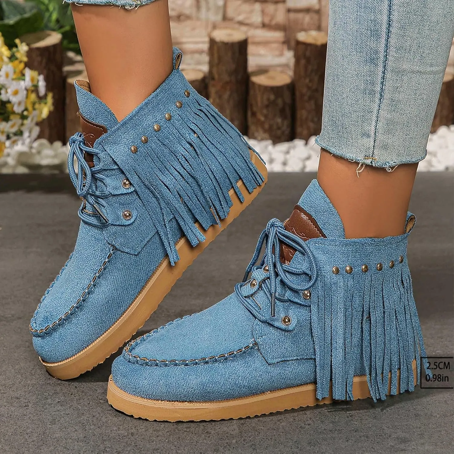 Fringe Cowboy Boots for Women Lightweight Comfy Suede Boho Ankle Booties Slip On Dress Walking Shoes Bohemian Vintage Tassel Lace Up Wide Round Toe Short Boots