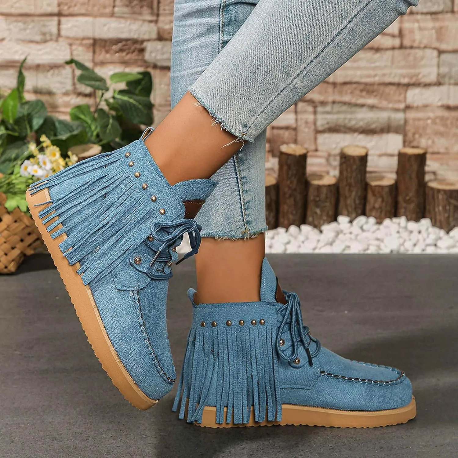 Fringe Cowboy Boots for Women Lightweight Comfy Suede Boho Ankle Booties Slip On Dress Walking Shoes Bohemian Vintage Tassel Lace Up Wide Round Toe Short Boots