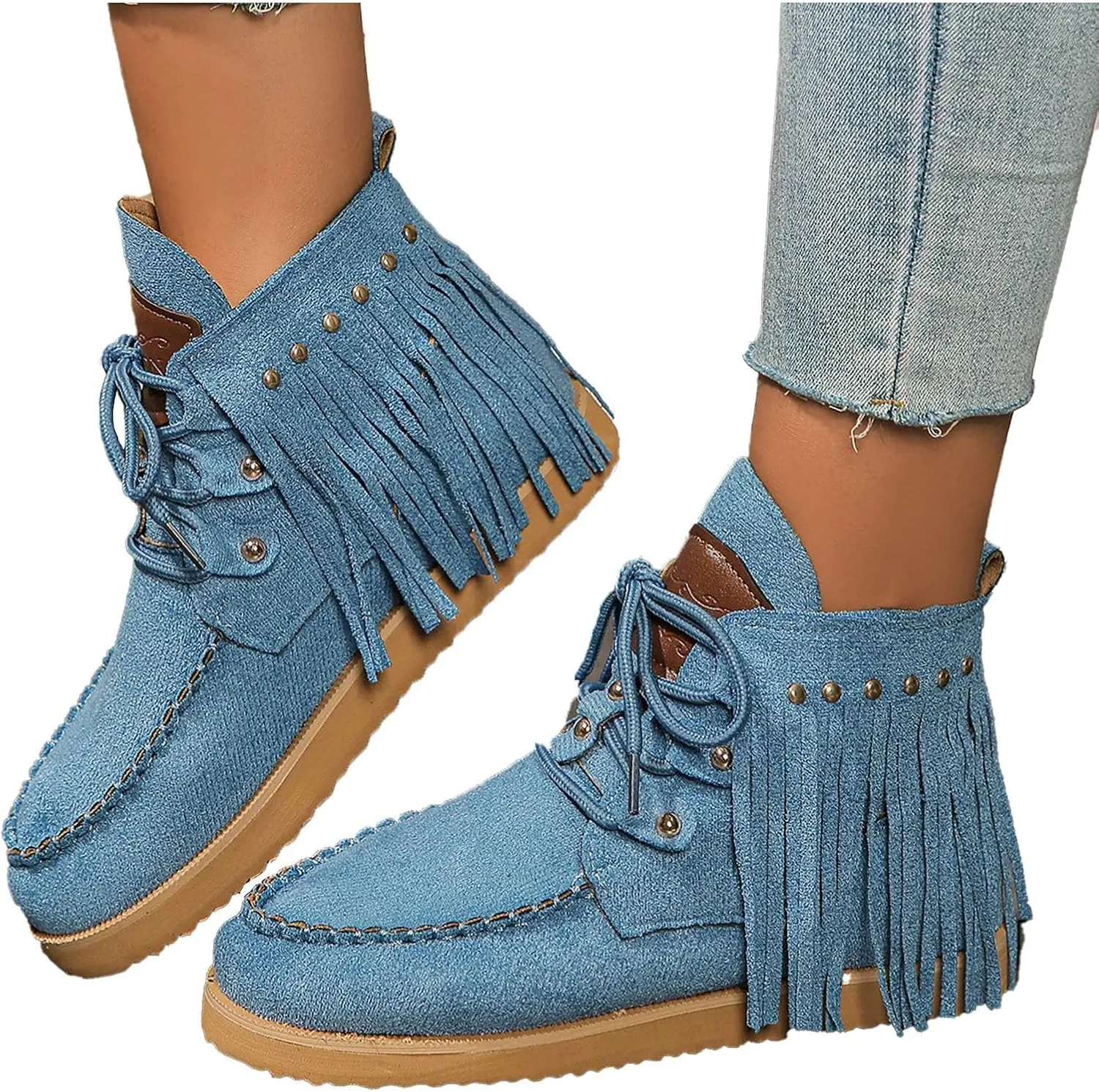 Fringe Cowboy Boots for Women Lightweight Comfy Suede Boho Ankle Booties Slip On Dress Walking Shoes Bohemian Vintage Tassel Lace Up Wide Round Toe Short Boots