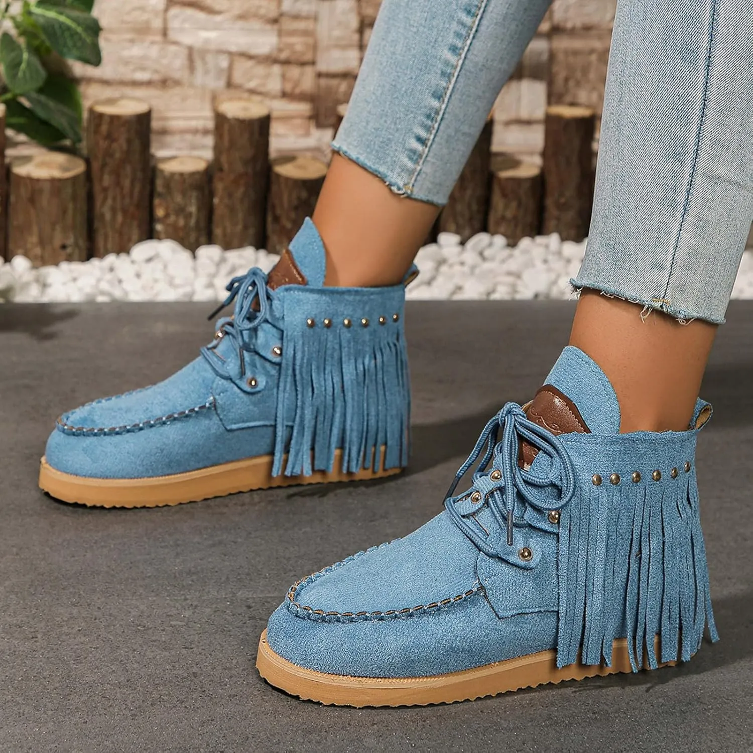 Fringe Cowboy Boots for Women Lightweight Comfy Suede Boho Ankle Booties Slip On Dress Walking Shoes Bohemian Vintage Tassel Lace Up Wide Round Toe Short Boots