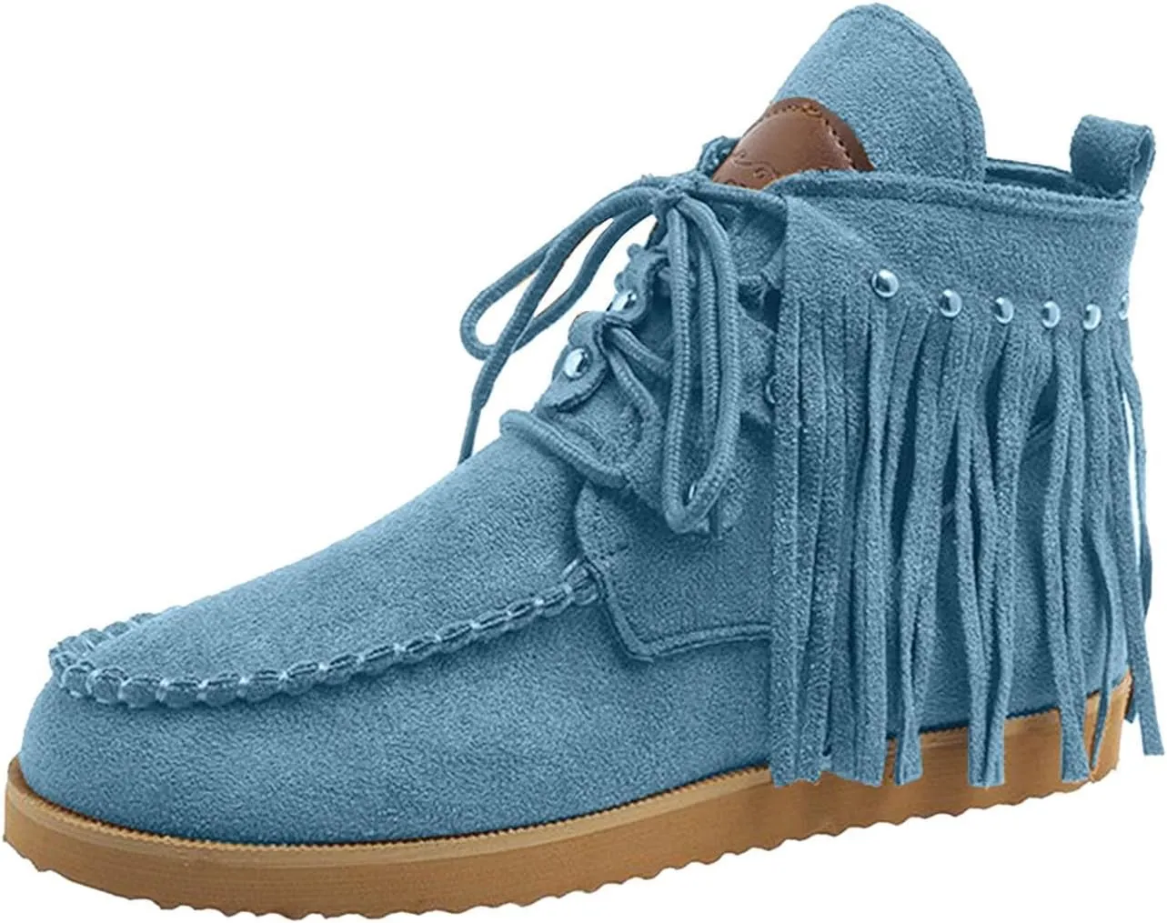 Fringe Cowboy Boots for Women Lightweight Comfy Suede Boho Ankle Booties Slip On Dress Walking Shoes Bohemian Vintage Tassel Lace Up Wide Round Toe Short Boots