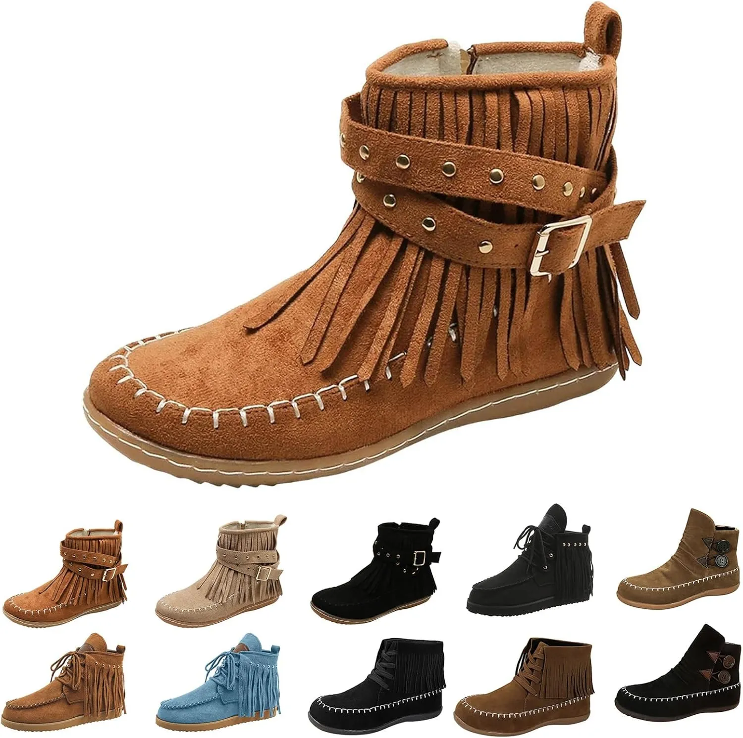 Fringe Cowboy Boots for Women Lightweight Comfy Suede Boho Ankle Booties Slip On Dress Walking Shoes Bohemian Vintage Tassel Lace Up Wide Round Toe Short Boots