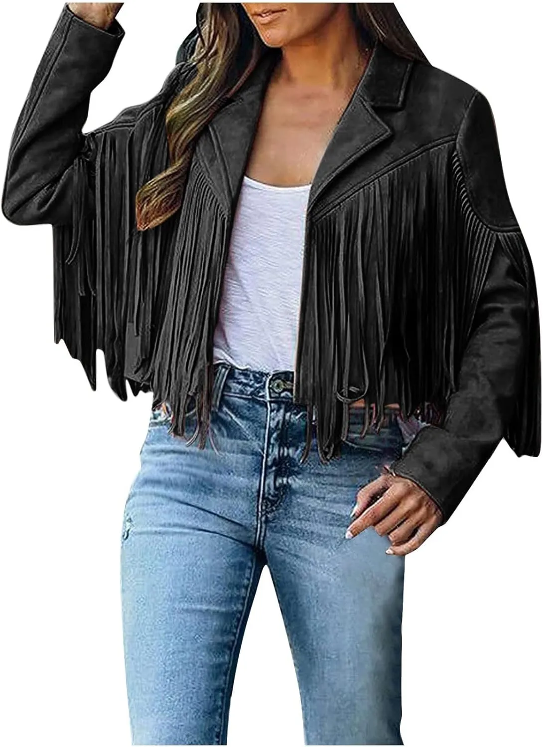 Fringe Jacket for Women Long Sleeve Cropped Overcoat Lapel Vintage Hippie Cardigan Leather Cowgirl Outerwear