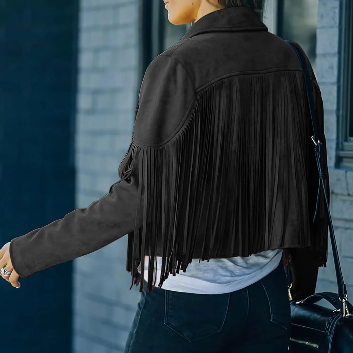 Fringe Jacket for Women Long Sleeve Cropped Overcoat Lapel Vintage Hippie Cardigan Leather Cowgirl Outerwear