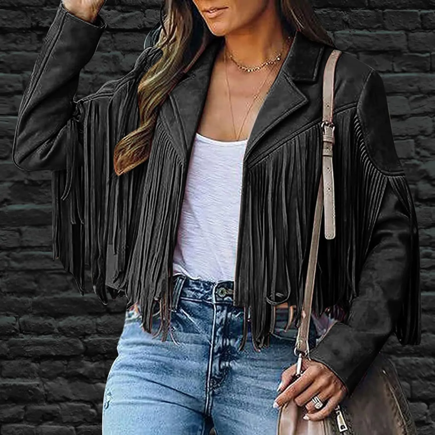Fringe Jacket for Women Long Sleeve Cropped Overcoat Lapel Vintage Hippie Cardigan Leather Cowgirl Outerwear
