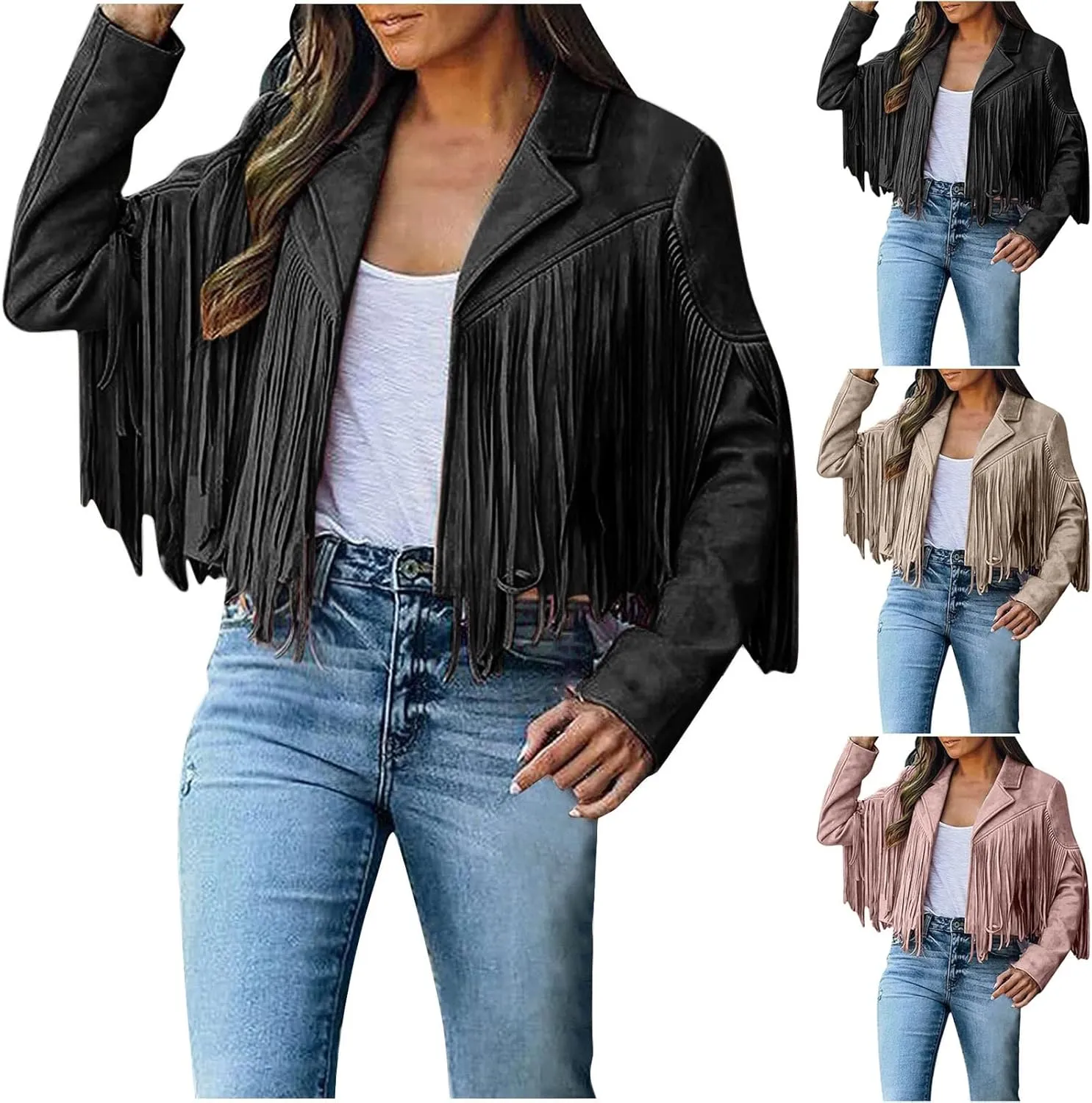 Fringe Jacket for Women Long Sleeve Cropped Overcoat Lapel Vintage Hippie Cardigan Leather Cowgirl Outerwear
