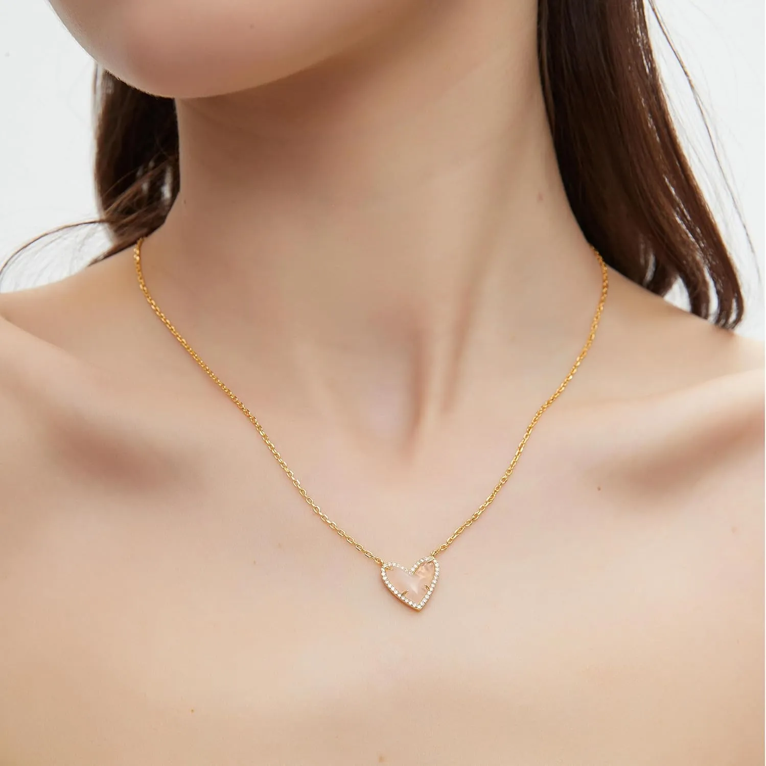 G&GEMSJEW Moissanite Enhanced Heart Pendant Necklace for Women | White Gold Plated Chain | Natural Rose Quartz & Moissanite | Adjustable 18" 2" Jewelry