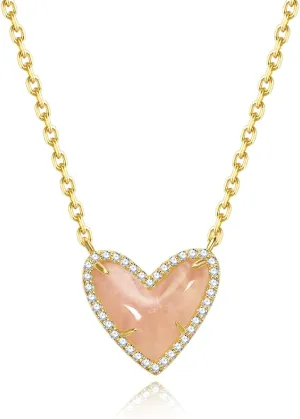 G&GEMSJEW Moissanite Enhanced Heart Pendant Necklace for Women | White Gold Plated Chain | Natural Rose Quartz & Moissanite | Adjustable 18" 2" Jewelry