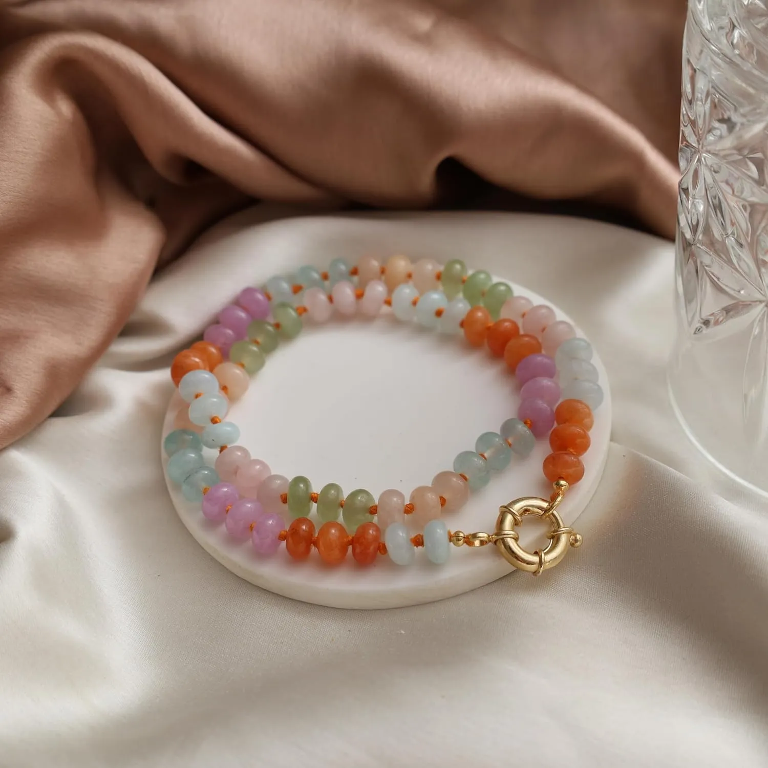 Gempires Pastel Multi-Color Quartz Beaded Necklace for Women Handmade Layered Jewelry Elegant Bohemian Statement Piece with Adjustable Gold Chain Unique Healing Crystal Gift