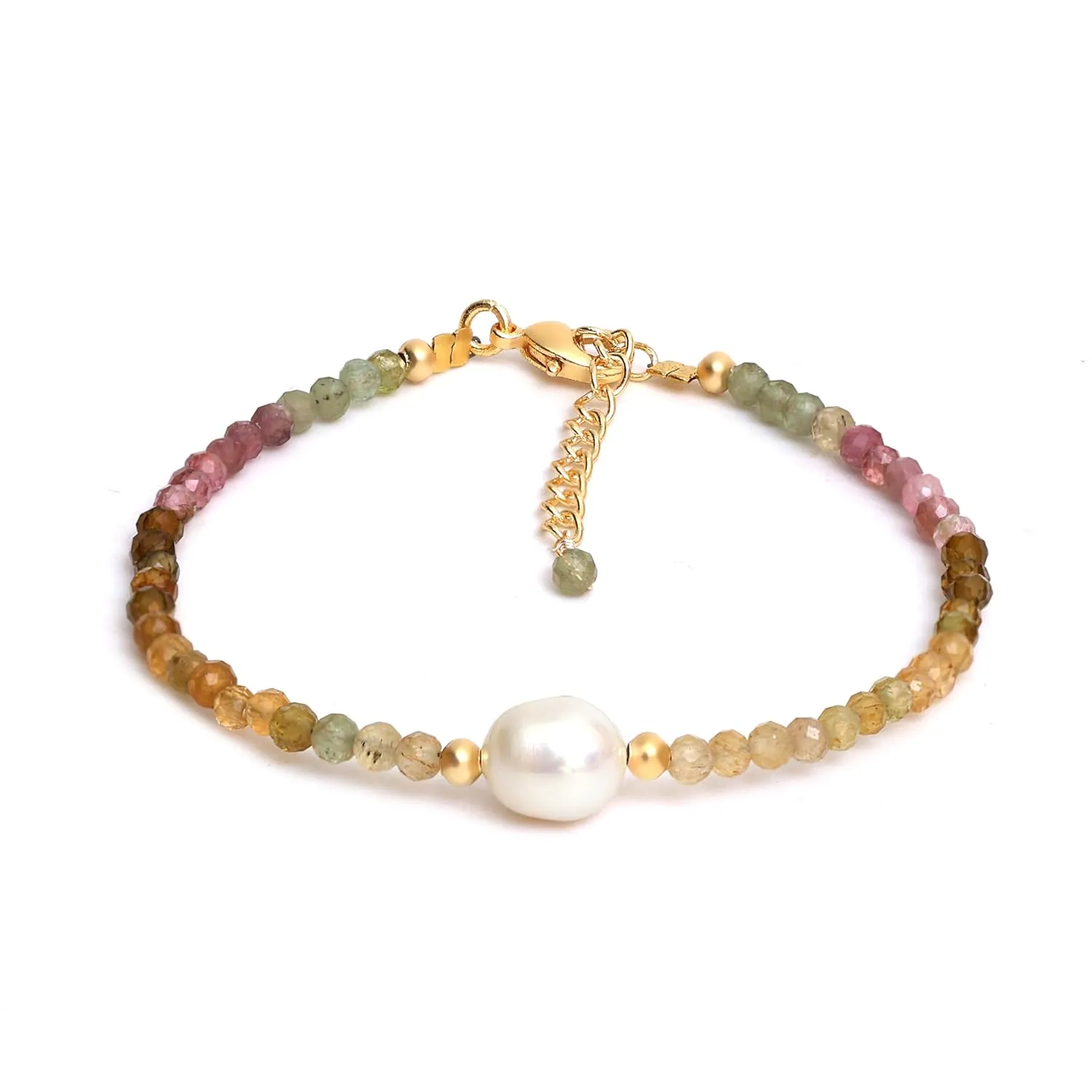 Gempires Watermelon Tourmaline Beaded Bracelet with Pearl Choker Crystal Jewelry Lightweight Colorful Gemstone Bracelets For Women Hypoallergenic 7.5 Inch Gold Plated Adjustable Chain