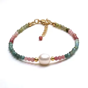 Gempires Watermelon Tourmaline Beaded Bracelet with Pearl Choker Crystal Jewelry Lightweight Colorful Gemstone Bracelets For Women Hypoallergenic 7.5 Inch Gold Plated Adjustable Chain