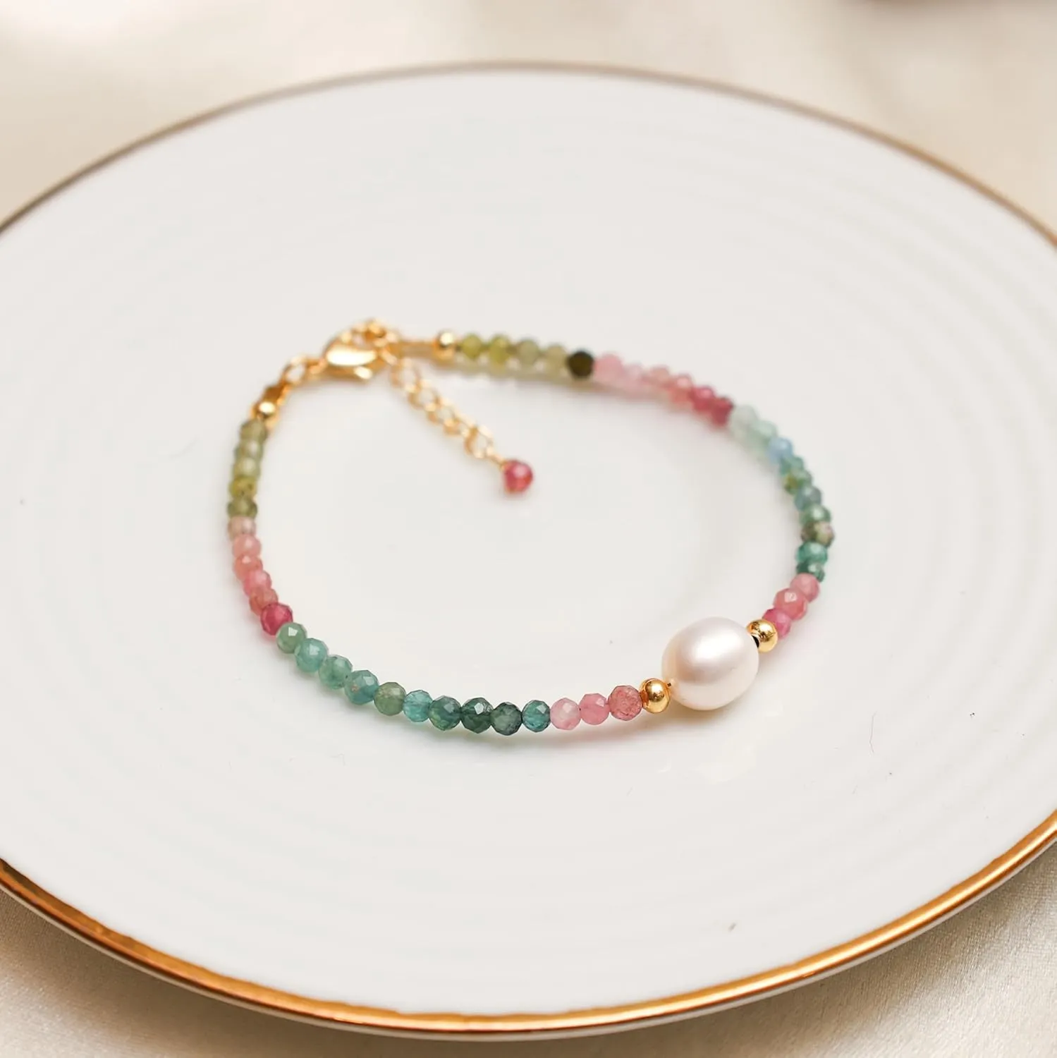 Gempires Watermelon Tourmaline Beaded Bracelet with Pearl Choker Crystal Jewelry Lightweight Colorful Gemstone Bracelets For Women Hypoallergenic 7.5 Inch Gold Plated Adjustable Chain