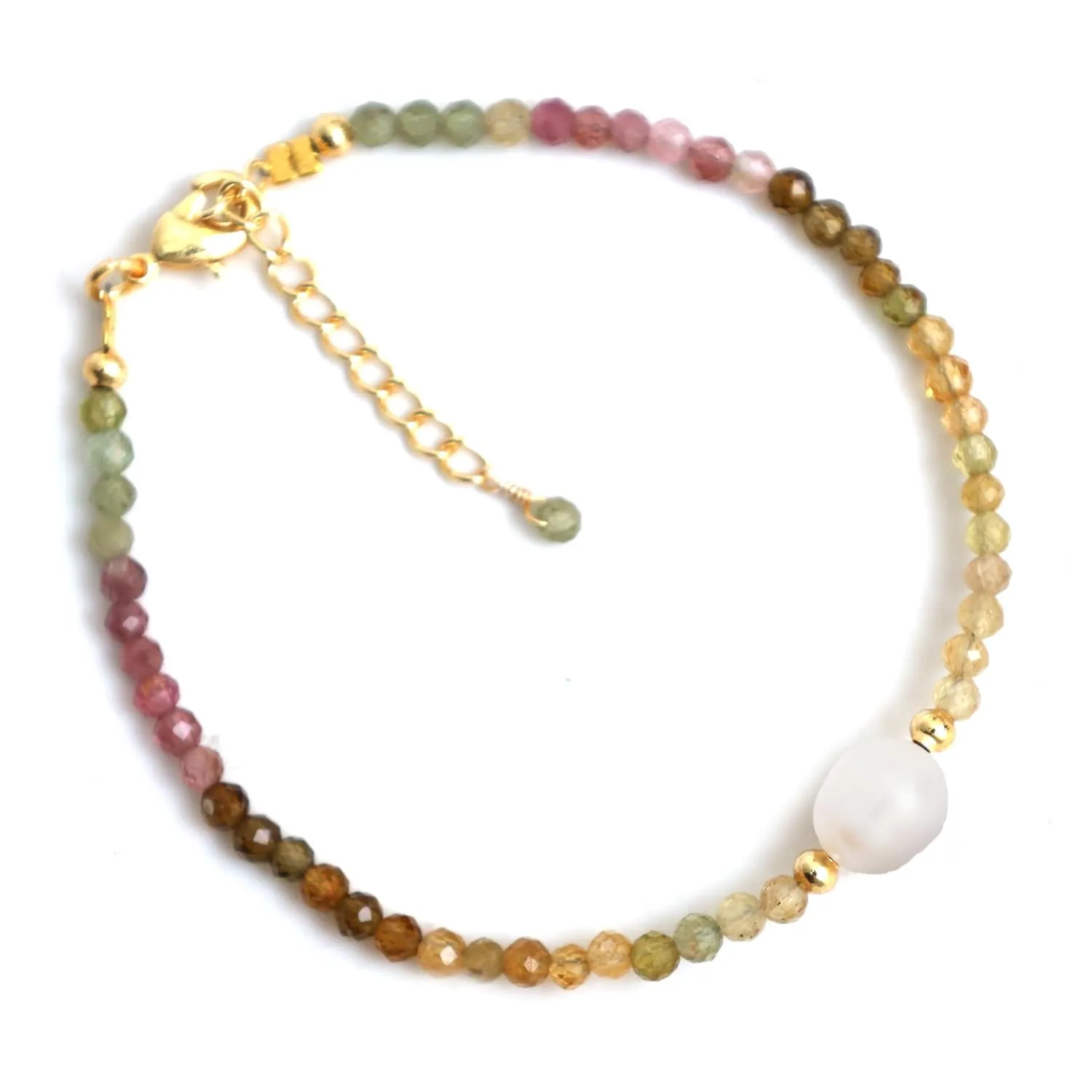 Gempires Watermelon Tourmaline Beaded Bracelet with Pearl Choker Crystal Jewelry Lightweight Colorful Gemstone Bracelets For Women Hypoallergenic 7.5 Inch Gold Plated Adjustable Chain