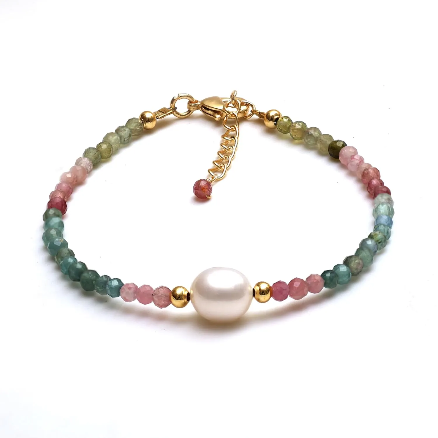 Gempires Watermelon Tourmaline Beaded Bracelet with Pearl Choker Crystal Jewelry Lightweight Colorful Gemstone Bracelets For Women Hypoallergenic 7.5 Inch Gold Plated Adjustable Chain