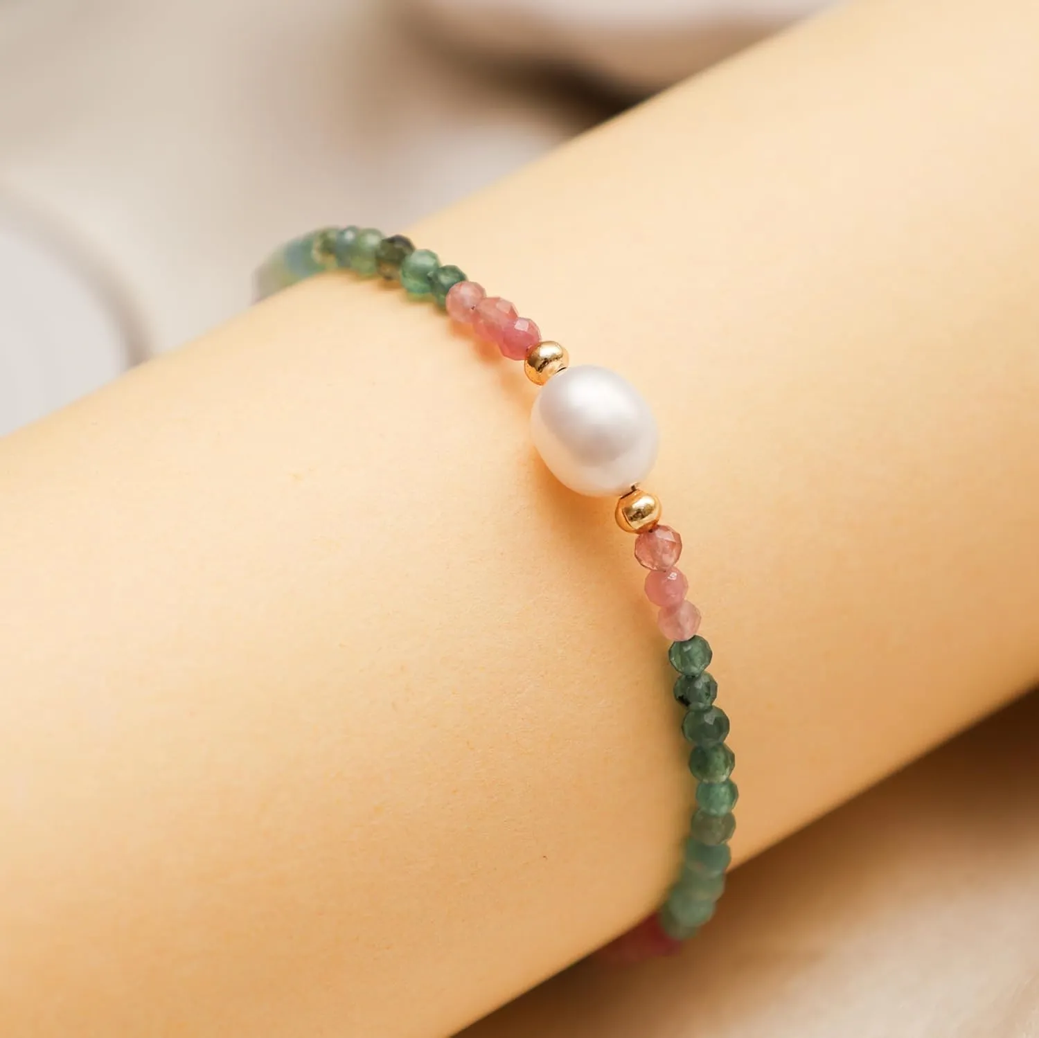 Gempires Watermelon Tourmaline Beaded Bracelet with Pearl Choker Crystal Jewelry Lightweight Colorful Gemstone Bracelets For Women Hypoallergenic 7.5 Inch Gold Plated Adjustable Chain