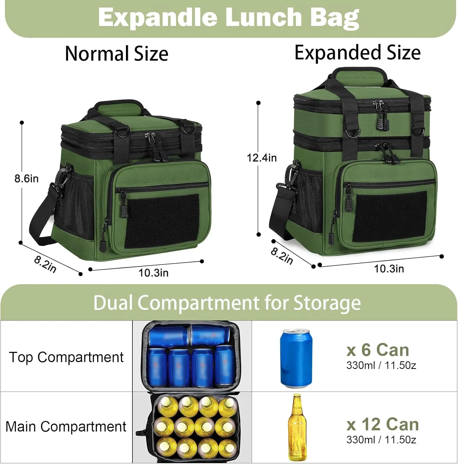 GLENKEY Double Deck Insulated Lunch Box, Expandable Large Lunch Bag Leakproof Cooler Bag Lunch Pail for Men Women Adults Work Shifts Travel Daytrip,16L,Army Green