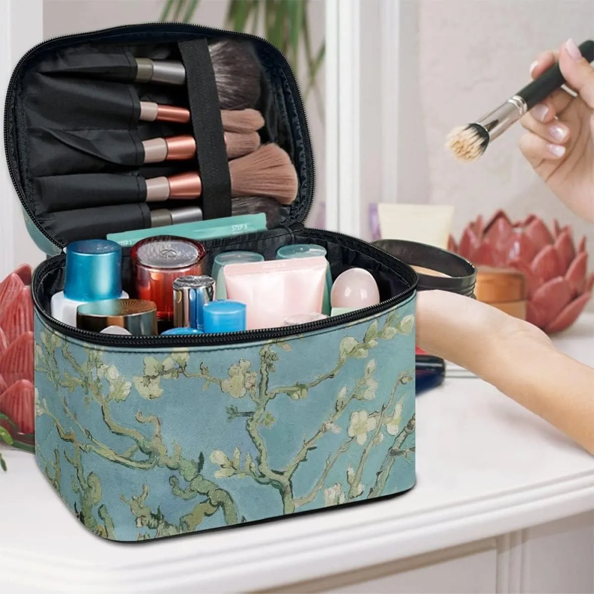 GLUDEAR Women Teen Girls Cute Print Makeup Bag Small Travel Cosmetic Bags Medium Pouch Toiletry Bag,Almond Blossom Tree