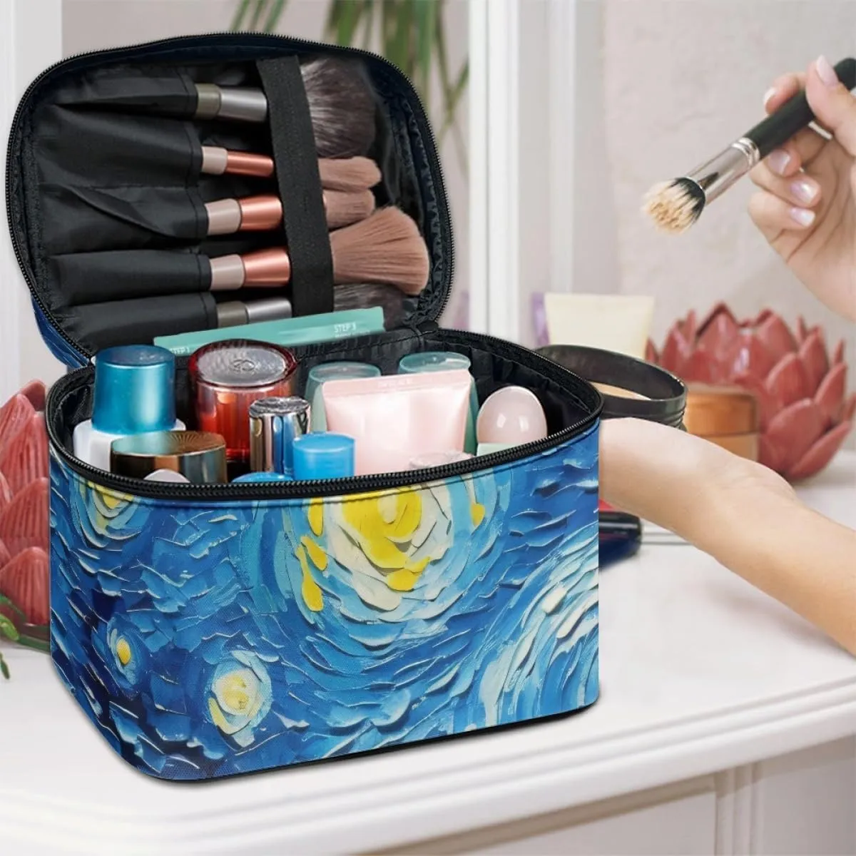 GLUDEAR Women Teen Girls Cute Print Makeup Bag Small Travel Cosmetic Bags Medium Pouch Toiletry Bag,Blue Starry Night