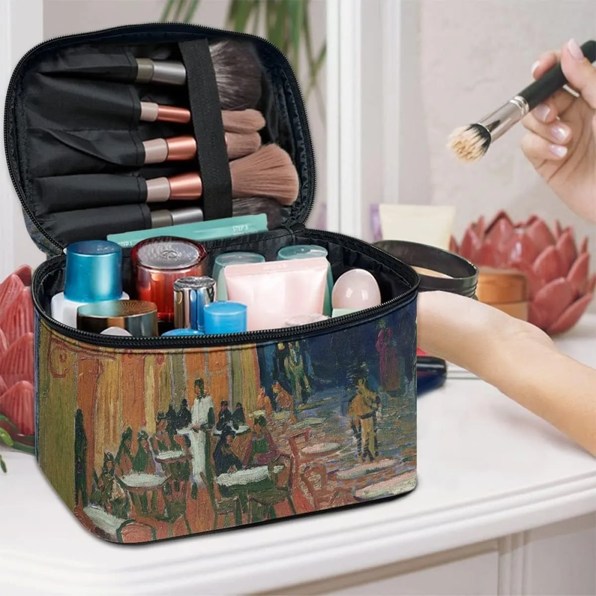 GLUDEAR Women Teen Girls Cute Print Makeup Bag Small Travel Cosmetic Bags Medium Pouch Toiletry Bag,Cafe Terrace at Night