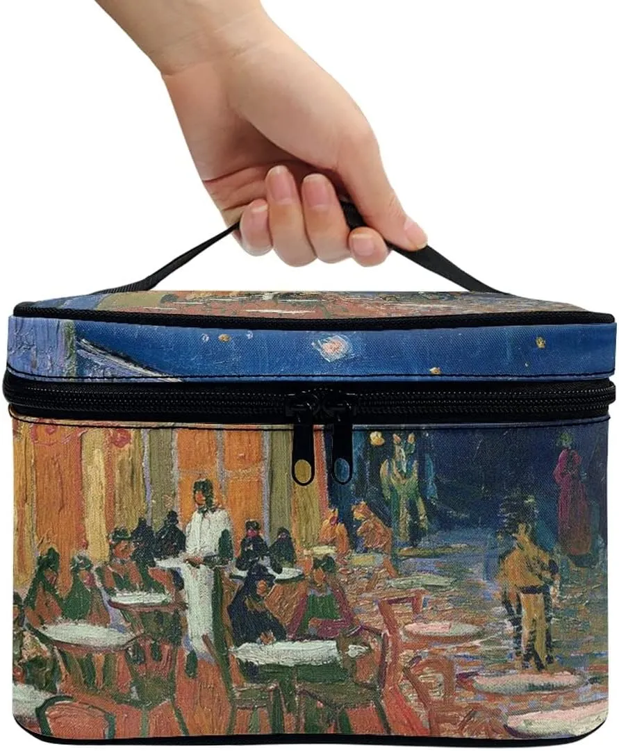 GLUDEAR Women Teen Girls Cute Print Makeup Bag Small Travel Cosmetic Bags Medium Pouch Toiletry Bag,Cafe Terrace at Night