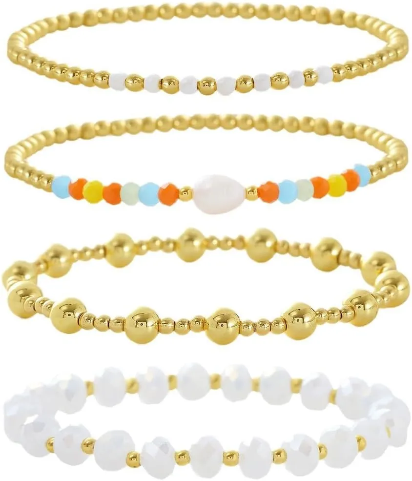 Gold Beaded Bracelet set for Women Waterproof, 14K Gold Plated Dainty Bead Pearl Bracelets Stack Stackable Ball Crystal Stretch Bracelet Set Trendy Jewelry for Women
