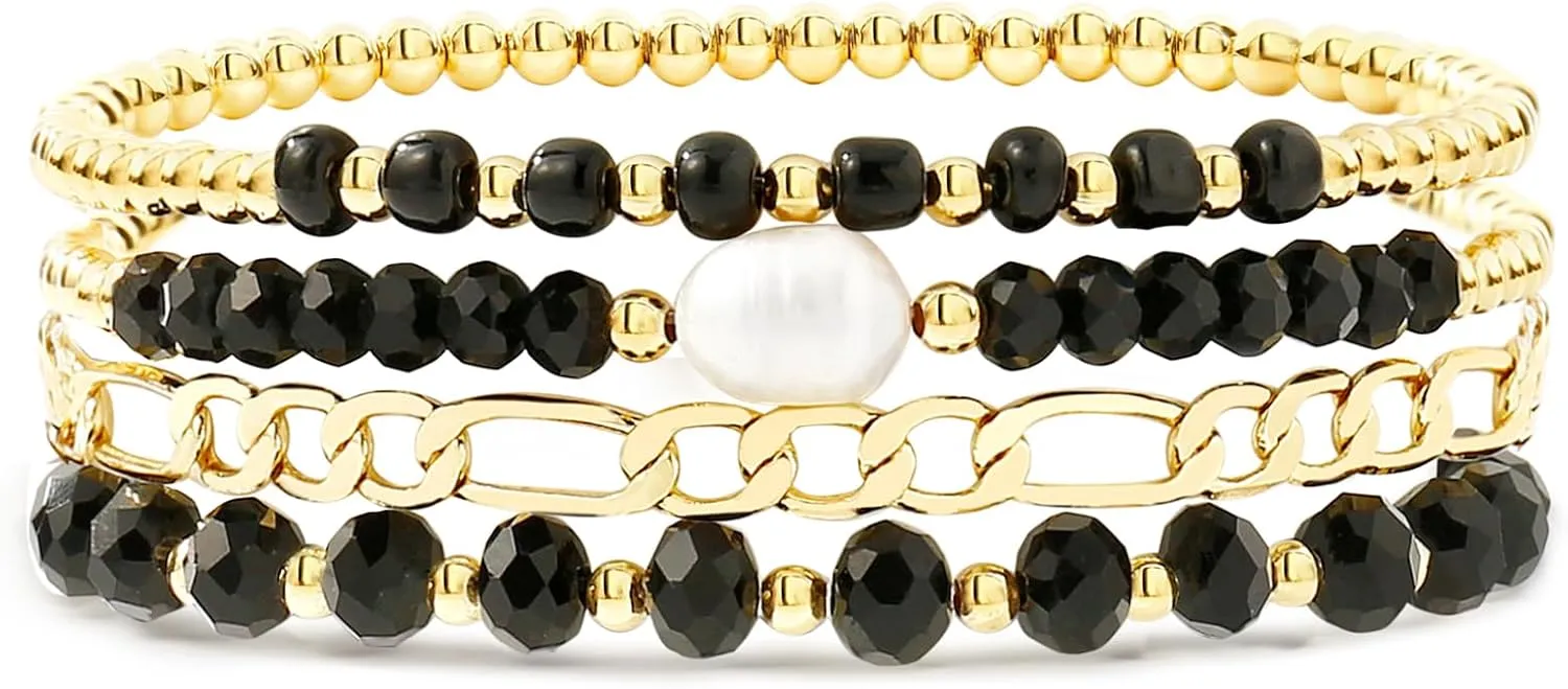 Gold Beaded Bracelets for Women Boho Crystal Multiple Layered Stackable Wrap Bangle Set Paperclip Chain Trendy Jewelry