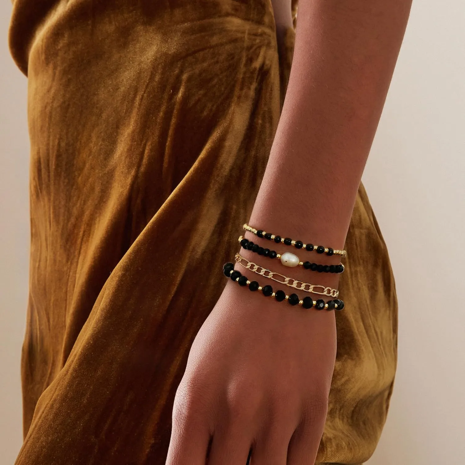 Gold Beaded Bracelets for Women Boho Crystal Multiple Layered Stackable Wrap Bangle Set Paperclip Chain Trendy Jewelry