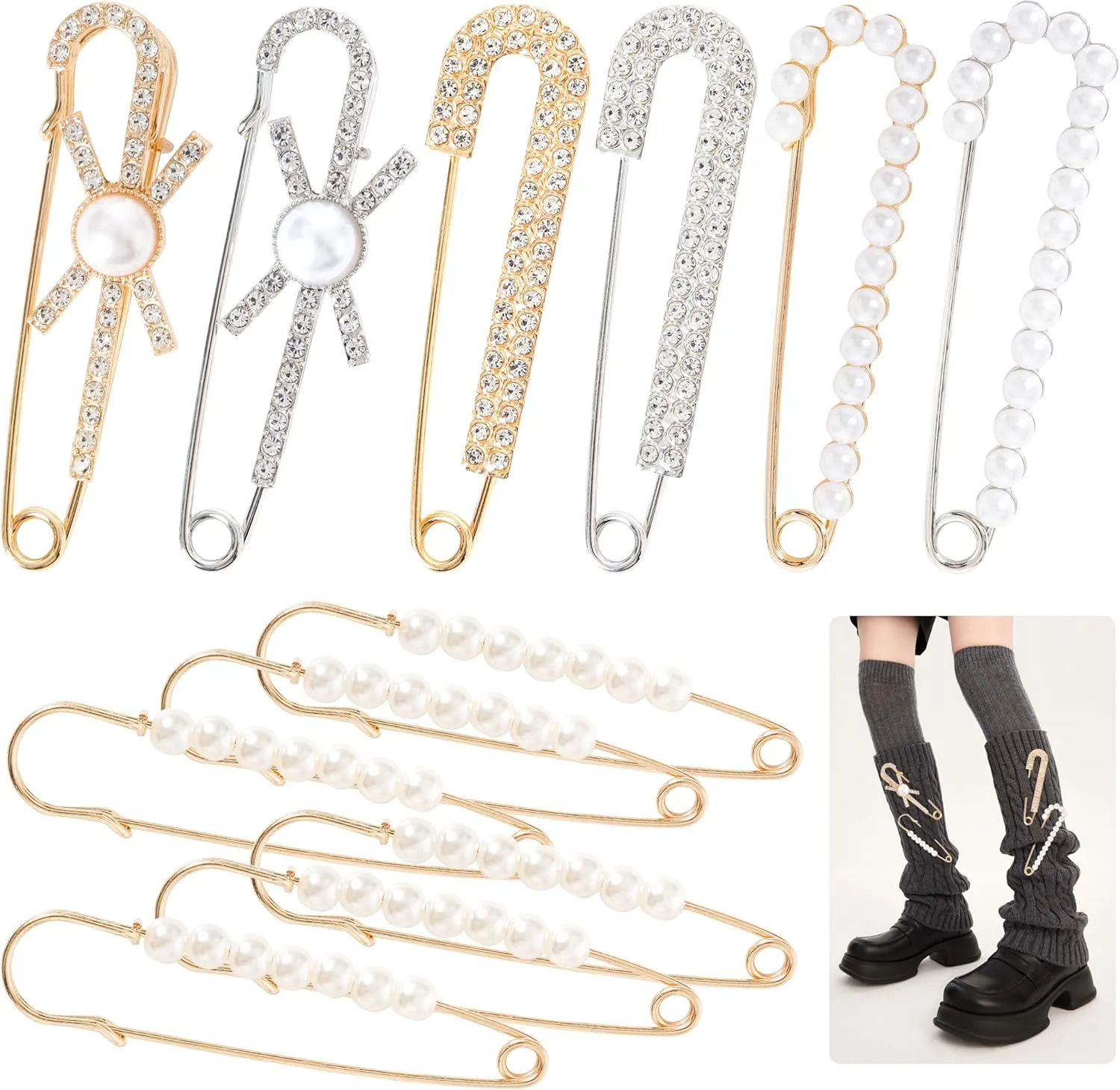 Gold Brooches Pins Charms for Socks: LOTOFUN Fashion 12,80,110PCS Rhinestone Pearl Bling Junk Sock Bulk Button - Decorative Safety Pins Brooch for Women Shoes Clothes Sweater Hat Pant