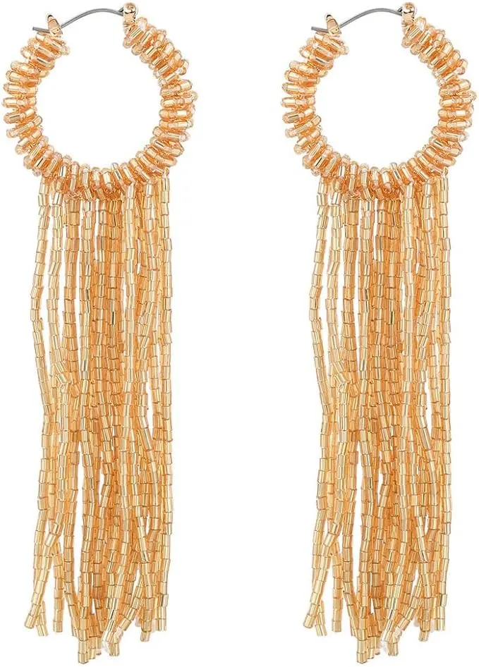 Gold Chandelier Tassel Earrings, Geometric Hoop Dangle Earrings for Women, Bohemian Braided Long Fringe Earrings, Circle Stud Earrings Boho Jewelry, Zinc, no