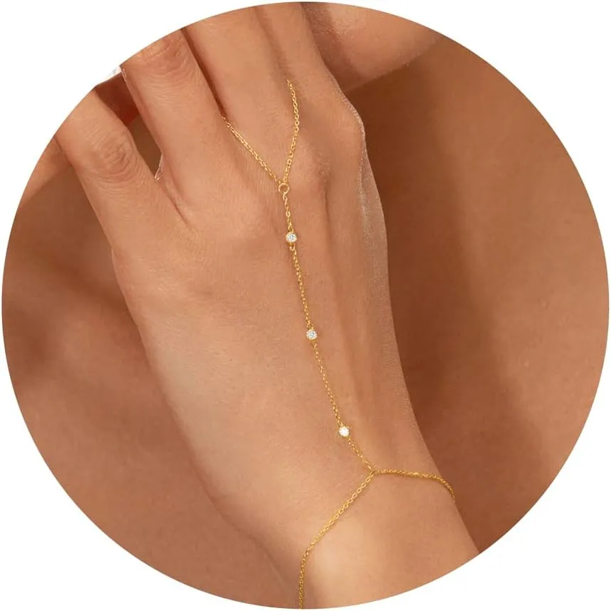 Gold Hand Chain Bracelet for Women Trendy, Dainty 14k Gold Ring Bracelet Hand Chain Finger Ring Slave Cuff Bracelet Cubic Zircon Hand Jewelry for Women Fall Jewelry Accessories for Women