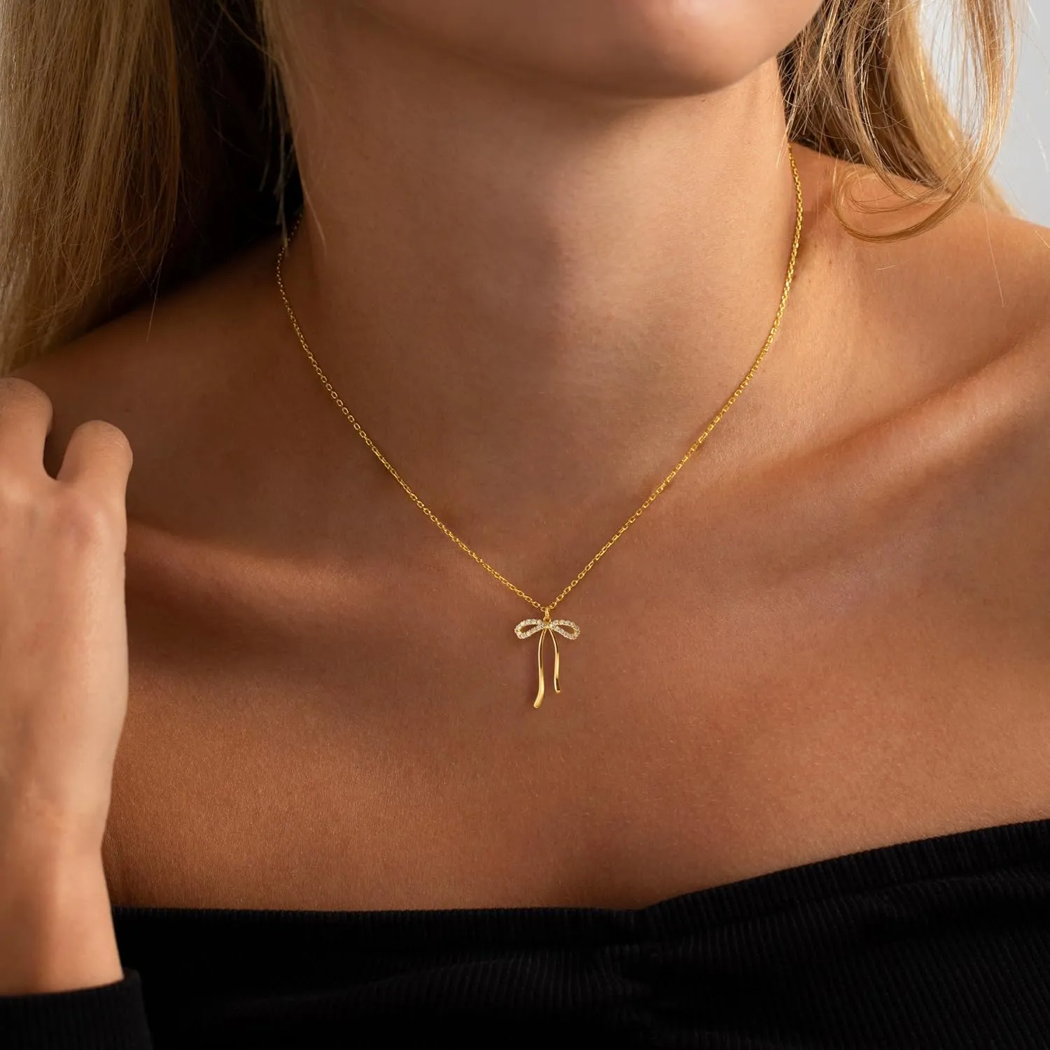 Gold Necklace for Women-14k Gold Plated Bow Necklace Cute Gold Ribbon Bow Necklace Simple Pretty Dainty CZ Bow Necklace for Women Gifts