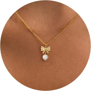 Gold Necklace for Women-14k Gold Plated Bow Necklace Cute Gold Ribbon Bow Necklace Simple Pretty Dainty CZ Bow Necklace for Women Gifts