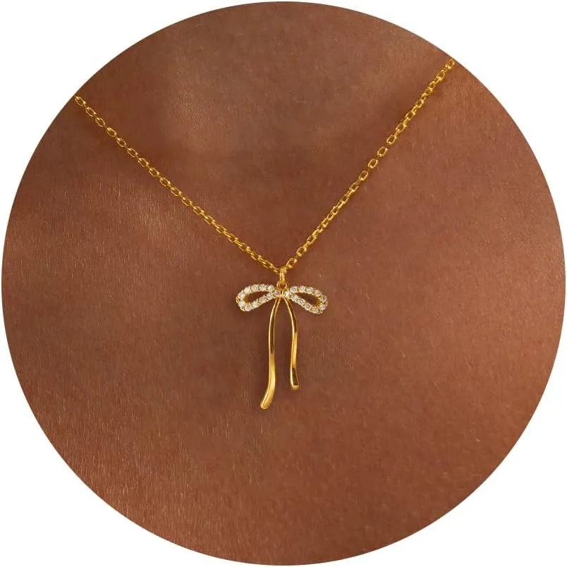 Gold Necklace for Women-14k Gold Plated Bow Necklace Cute Gold Ribbon Bow Necklace Simple Pretty Dainty CZ Bow Necklace for Women Gifts