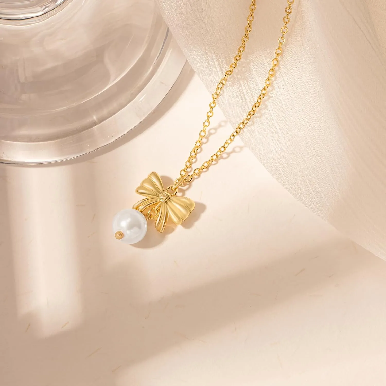 Gold Necklace for Women-14k Gold Plated Bow Necklace Cute Gold Ribbon Bow Necklace Simple Pretty Dainty CZ Bow Necklace for Women Gifts
