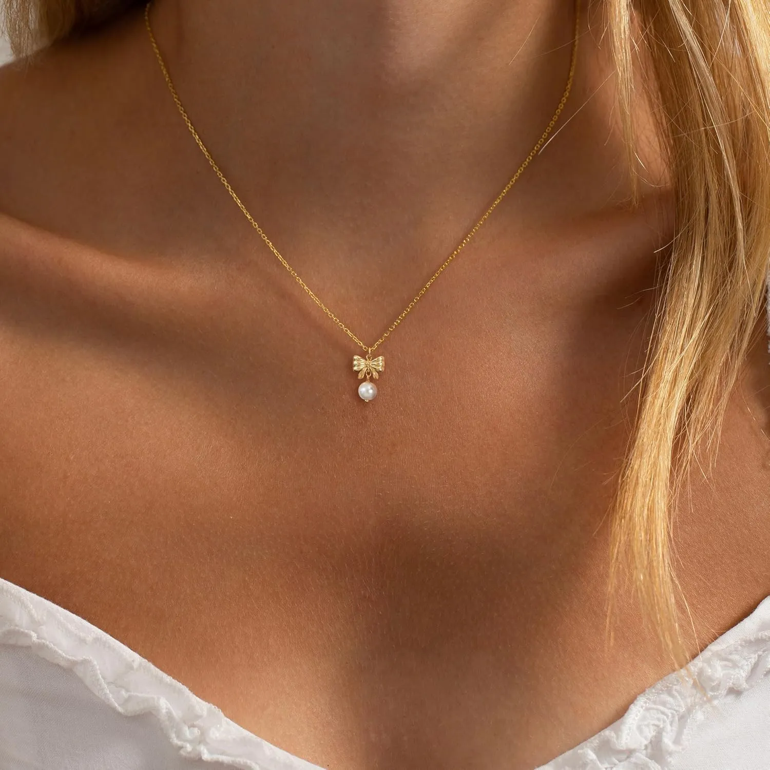 Gold Necklace for Women-14k Gold Plated Bow Necklace Cute Gold Ribbon Bow Necklace Simple Pretty Dainty CZ Bow Necklace for Women Gifts