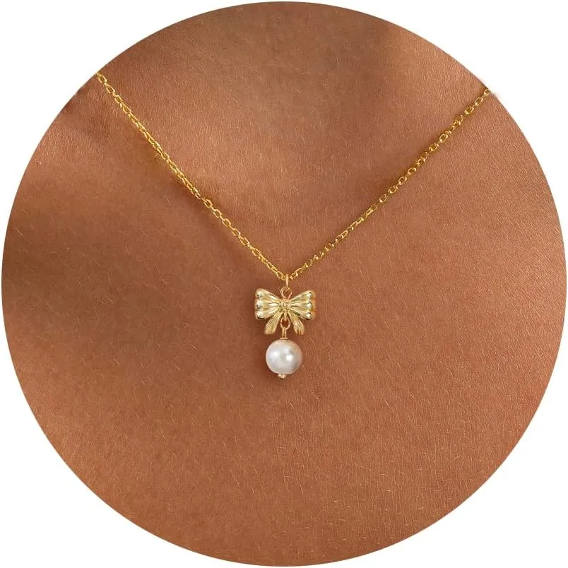 Gold Necklace for Women-14k Gold Plated Bow Necklace Cute Gold Ribbon Bow Necklace Simple Pretty Dainty CZ Bow Necklace for Women Gifts