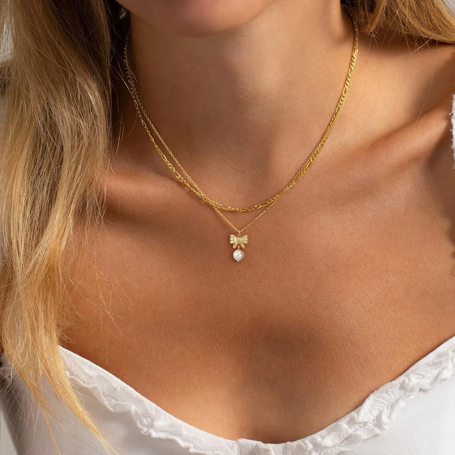 Gold Necklace for Women-14k Gold Plated Bow Necklace Cute Gold Ribbon Bow Necklace Simple Pretty Dainty CZ Bow Necklace for Women Gifts