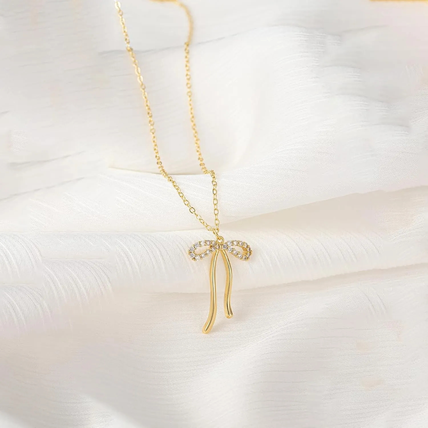 Gold Necklace for Women-14k Gold Plated Bow Necklace Cute Gold Ribbon Bow Necklace Simple Pretty Dainty CZ Bow Necklace for Women Gifts