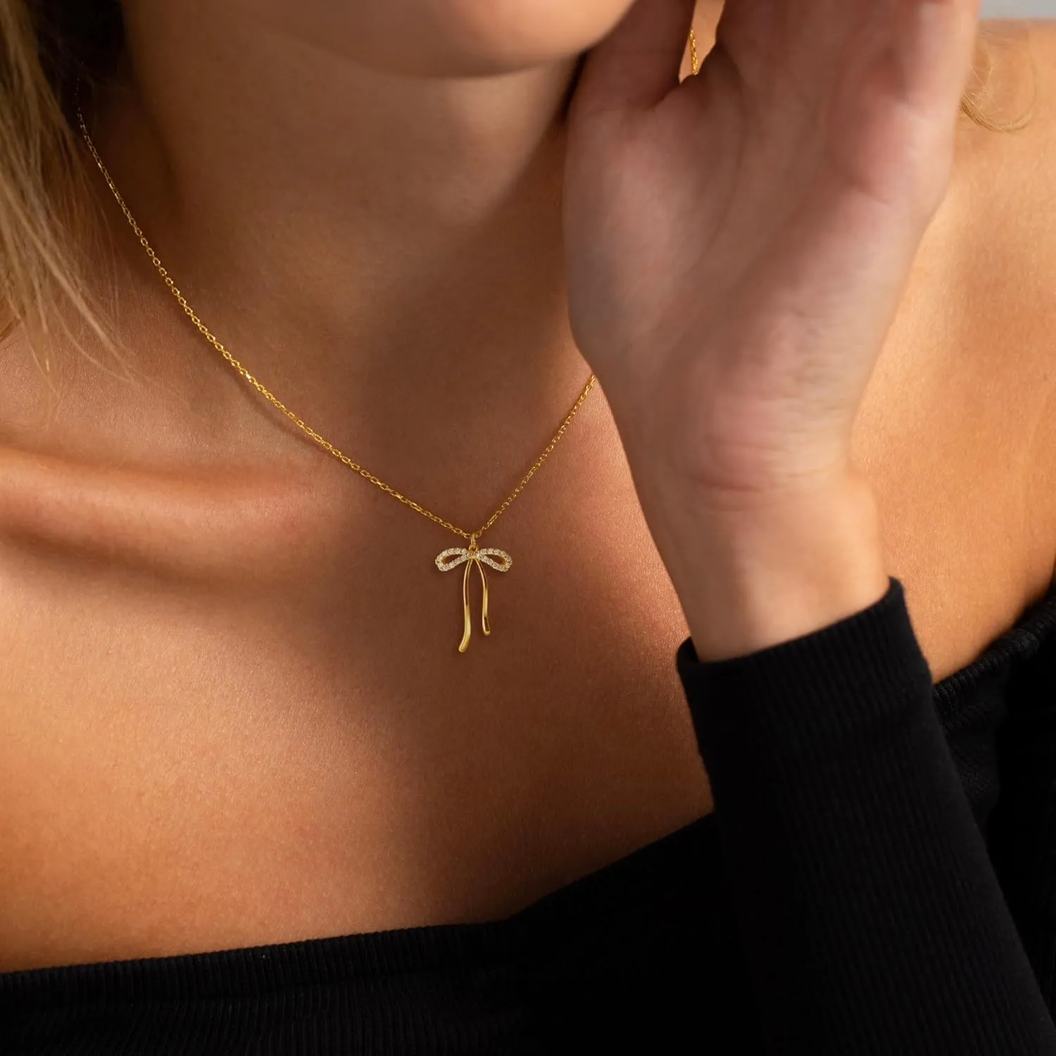 Gold Necklace for Women-14k Gold Plated Bow Necklace Cute Gold Ribbon Bow Necklace Simple Pretty Dainty CZ Bow Necklace for Women Gifts