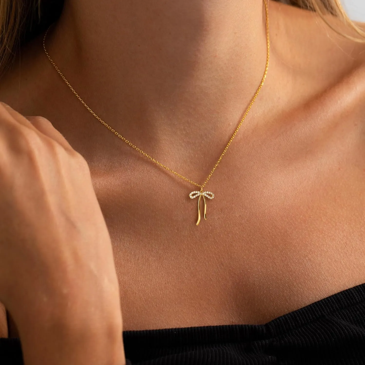 Gold Necklace for Women-14k Gold Plated Bow Necklace Cute Gold Ribbon Bow Necklace Simple Pretty Dainty CZ Bow Necklace for Women Gifts