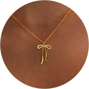 Gold Necklace for Women-14k Gold Plated Bow Necklace Cute Gold Ribbon Bow Necklace Simple Pretty Dainty CZ Bow Necklace for Women Gifts