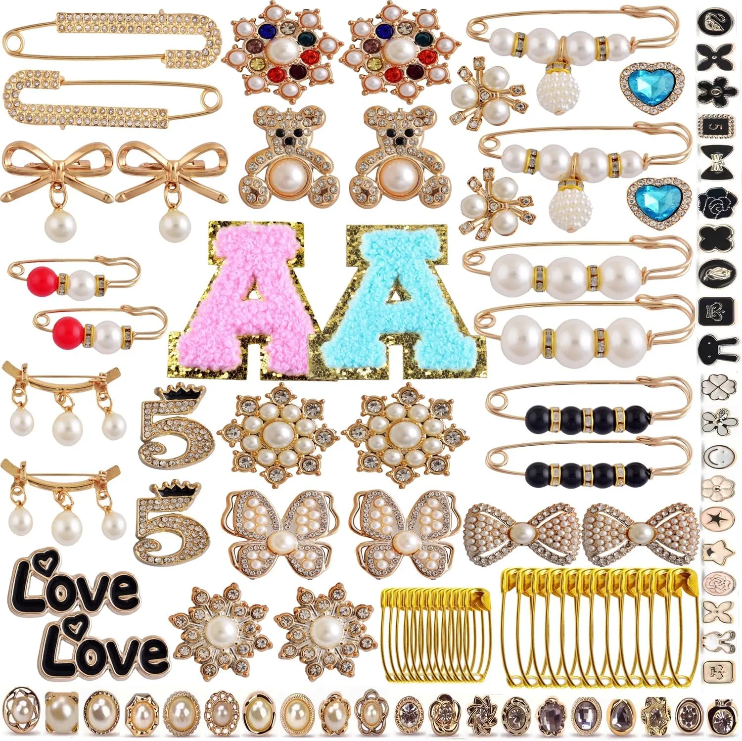 Gold Sock Charms - 100pcs Brooches & Pins for Women - Rhinestone & Pearl Designs - Accessories for Clothes, Hats, Shoes, Scarves & Shawls