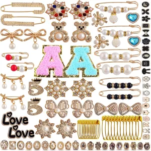Gold Sock Charms - 100pcs Brooches & Pins for Women - Rhinestone & Pearl Designs - Accessories for Clothes, Hats, Shoes, Scarves & Shawls