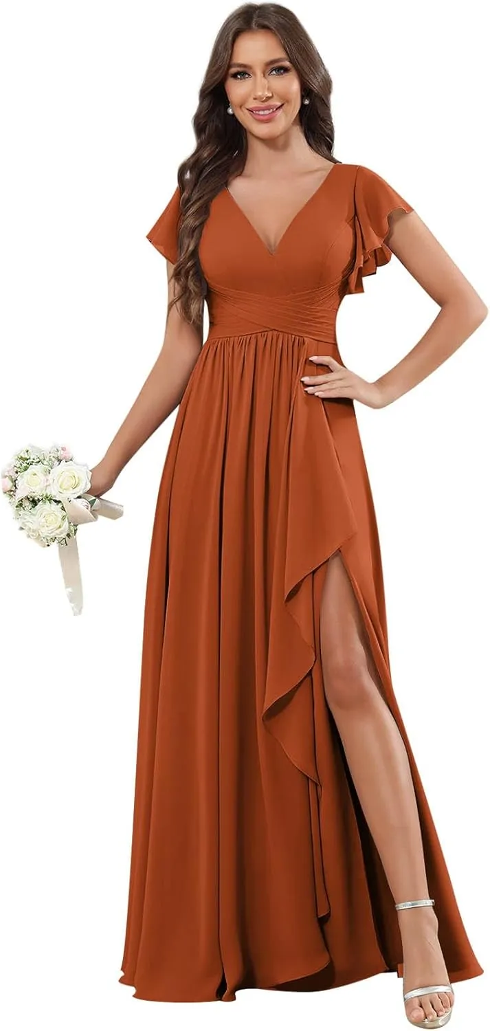 GUKARLEED Ruffled Bridesmaid Dresses Short Cap Sleeve Wrap Ruched Split V Neck Wedding Guest Dress Long Chiffon Formal Dress
