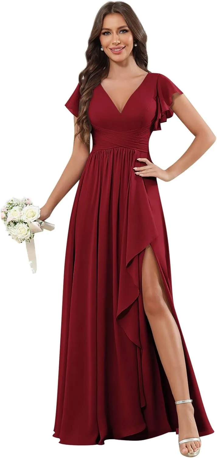 GUKARLEED Ruffled Bridesmaid Dresses Short Cap Sleeve Wrap Ruched Split V Neck Wedding Guest Dress Long Chiffon Formal Dress