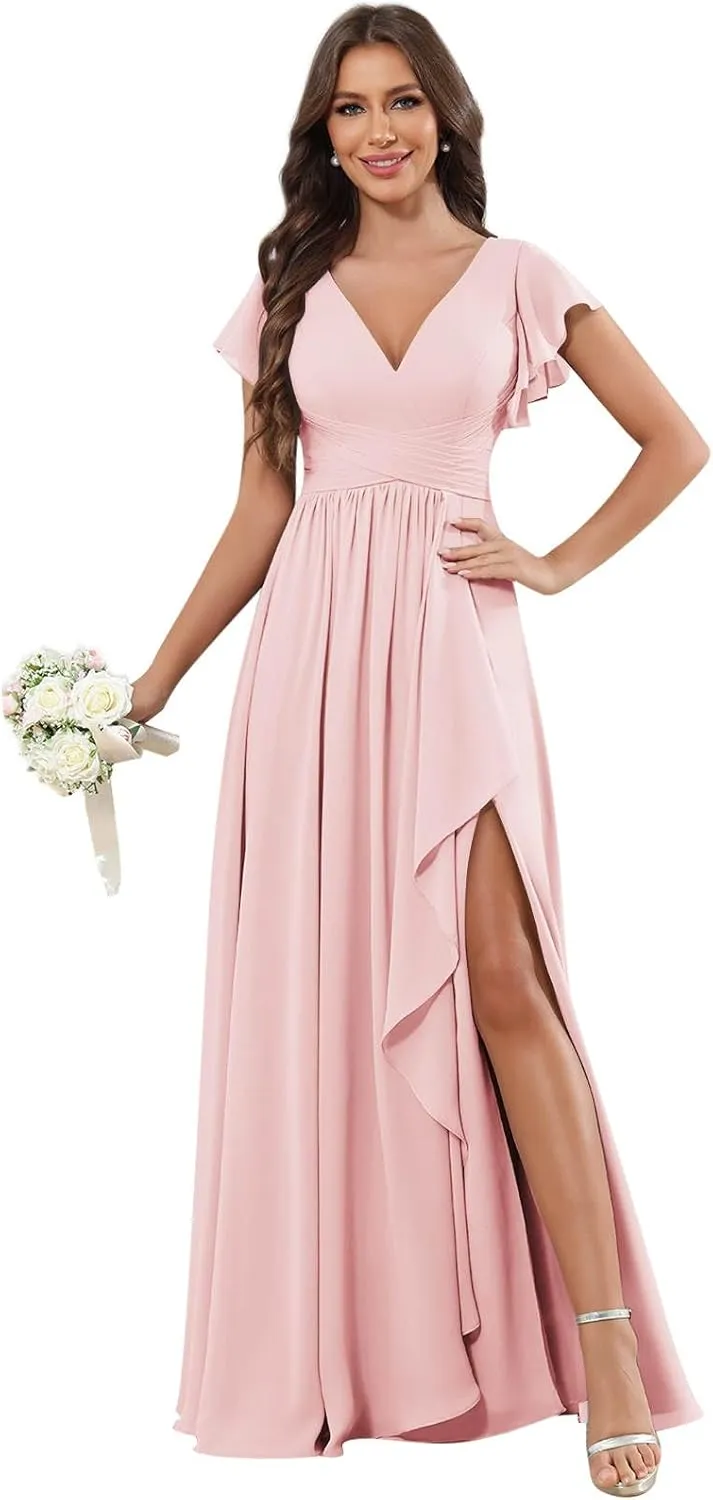 GUKARLEED Ruffled Bridesmaid Dresses Short Cap Sleeve Wrap Ruched Split V Neck Wedding Guest Dress Long Chiffon Formal Dress