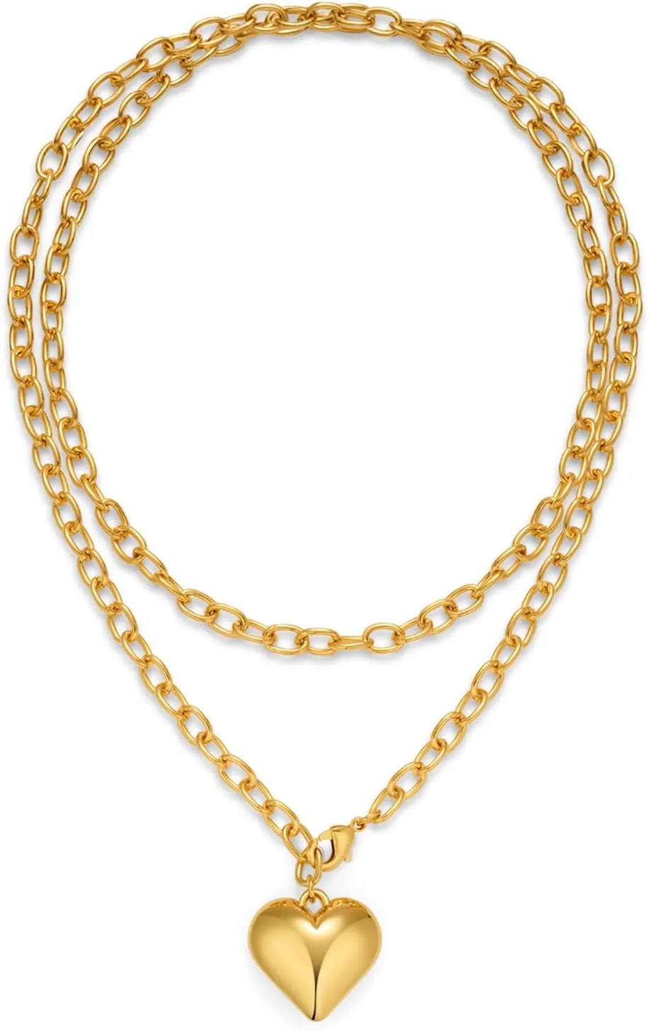 Heart Necklaces for Women Chunky Statement Gold and Silver Necklace with Puffy Heart Pendant Charm Fashion Boho Long Link Chain Necklace