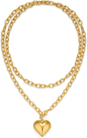Heart Necklaces for Women Chunky Statement Gold and Silver Necklace with Puffy Heart Pendant Charm Fashion Boho Long Link Chain Necklace