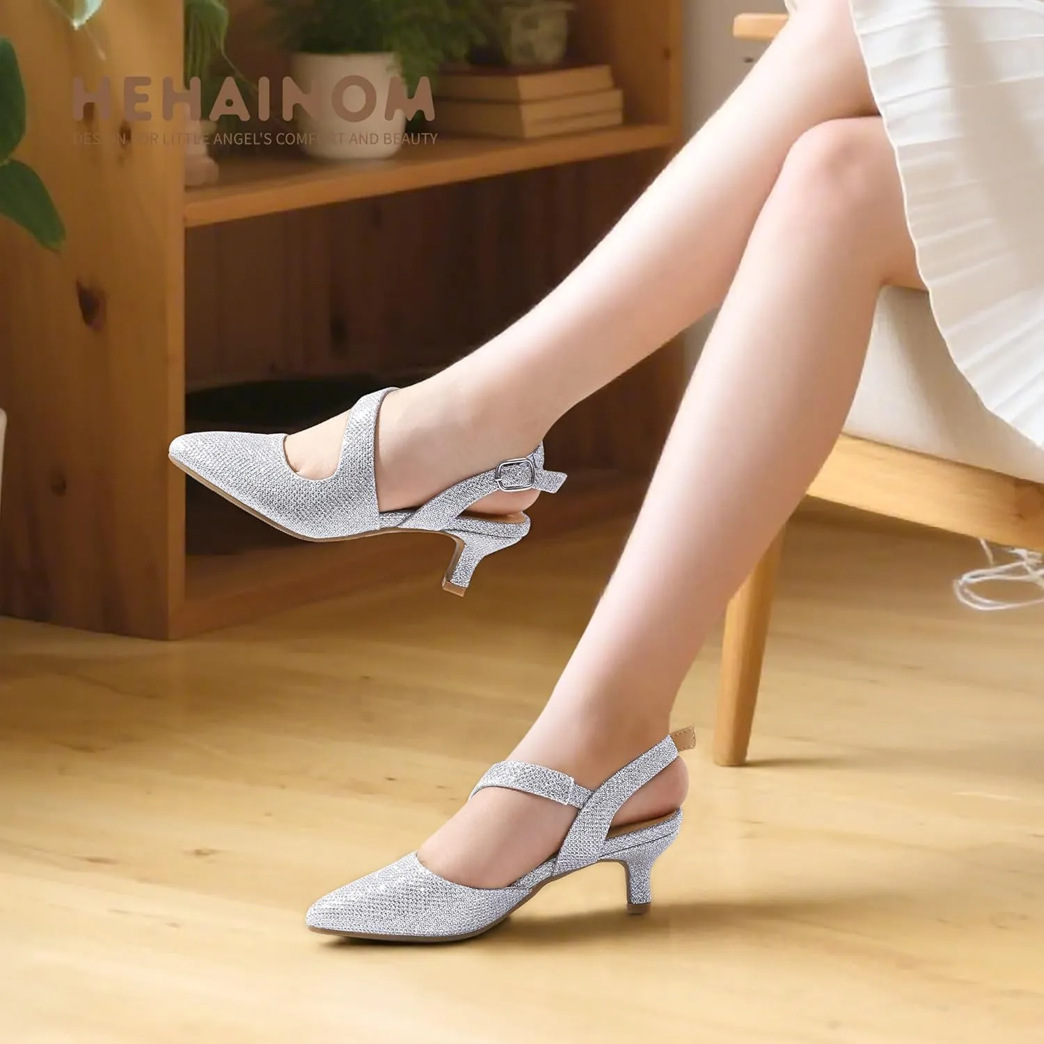 Hehainom Girls Dress Shoes Kitten Heels Sandals Little Big Kids Pointed Toe Slingback Wedding Party Pumps Shoes